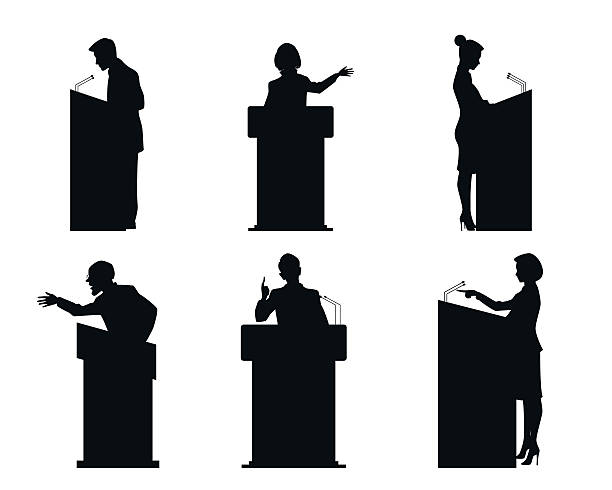 ilustrações, clipart, desenhos animados e ícones de seis palestrantes silhuetas - podium lectern microphone white