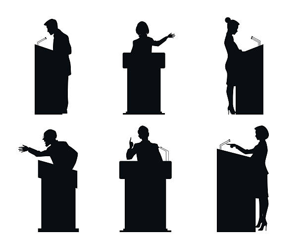 Six lecturers silhouettes Vector illustration of a six lecturers silhouettes man presentation stock illustrations