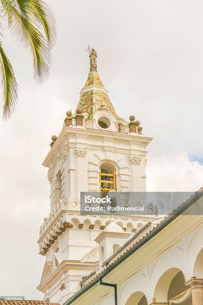 Quito San Francisco Church Interior View Low angle view of one of the towers of the ancient San Franciso catholic church located in the historic center of Quito in Ecuador. Architecture Stock Photo