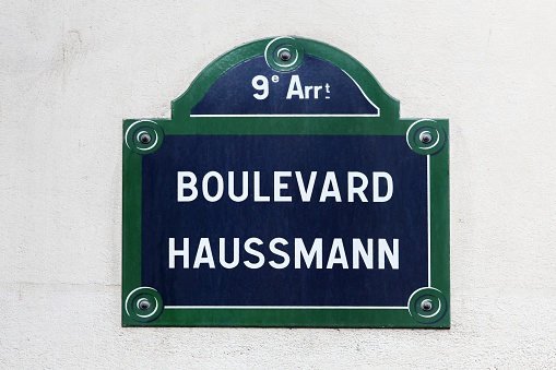 Boulevard Haussmann street sign in Paris, France 