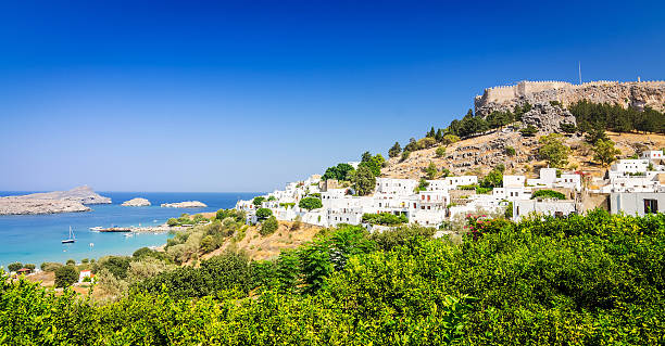 istock Panorama for Lindos village with castle ruins above 518208348