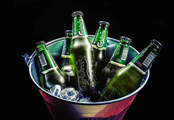 Cacak, Serbia - March 30, 2016: Six bottles of Carlsberg beer in bucket, served for group of people. 