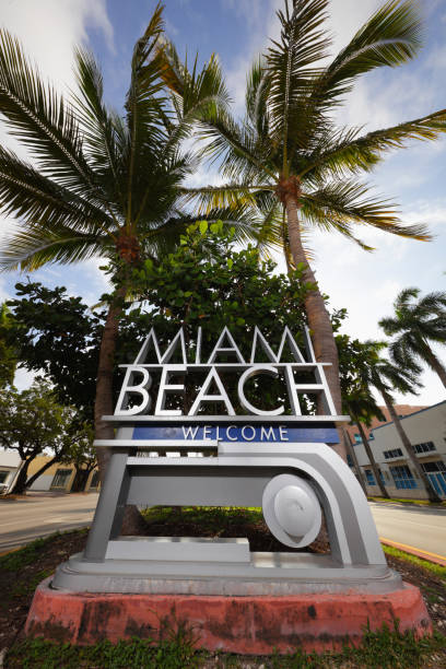 istock Welcome to Miami Beach with palm trees 518210830