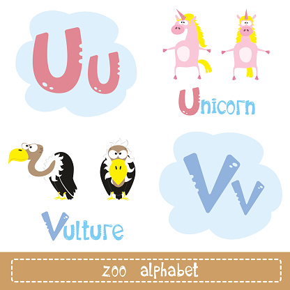 Colored letters of the alphabet for child next to images of abstract characters funny animals isolated on white background. Vector illustrationColored letters of the alphabet for child next to images of abstract characters funny animals isolated on white background. Vector illustration
