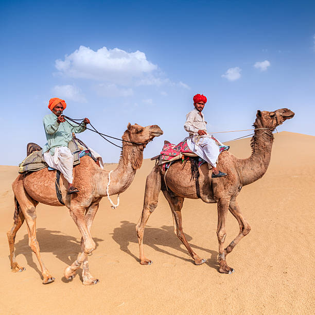 istock Indian men riding camels on sand dunes, Rajasthan, India 518210968