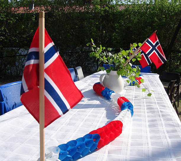 Table decorated for Norwegian constitution day Decoratede table for Norwegian constitution day 17th of May with norwegain flags Number 17 stock pictures, royalty-free photos & images