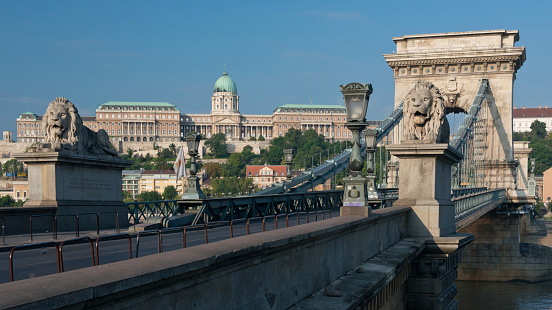 The szechenyi chain bridge on the danube, built at the end of the 19th century and one of the symbols of Budapest