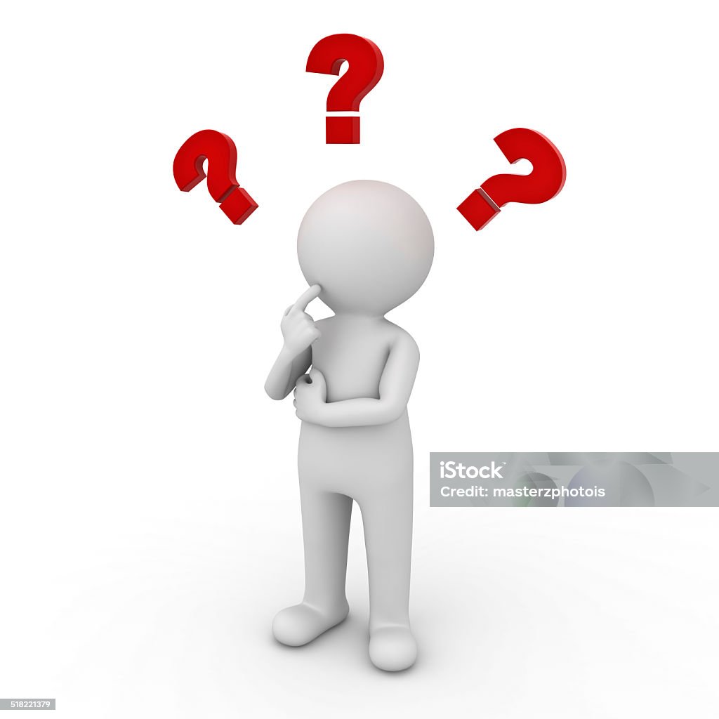 Man thinking with red question marks 3d man thinking with red question marks over white background Three Dimensional Stock Photo