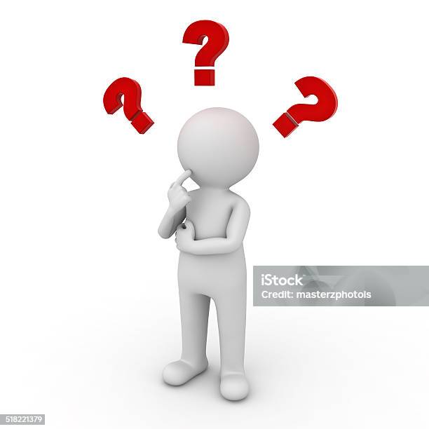 Man Thinking With Red Question Marks Stock Photo - Download Image Now - Three Dimensional, Men, Question Mark