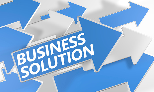 Business Solution 3d render concept with blue and white arrows flying over a white background.