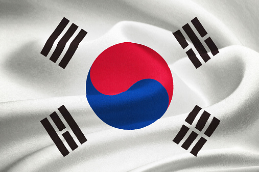 flag of South Korea  waving in the wind. Silk texture pattern