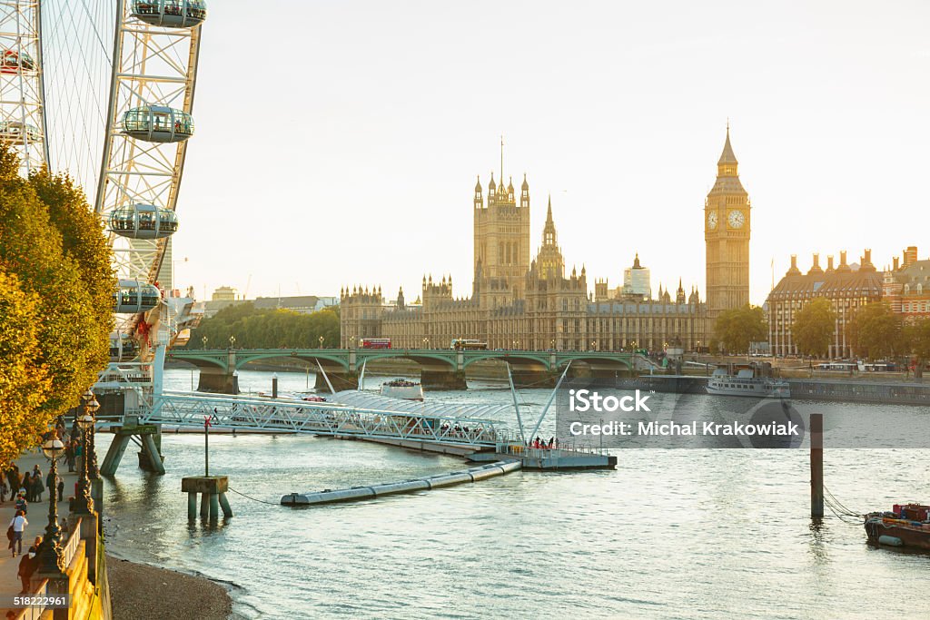 Landmarks of London, UK Houses of Parliament, Big Ben and London Eye in London, England. Millennium Wheel Stock Photo