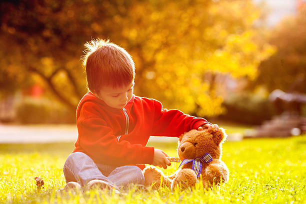 Adorable little boy with teddy bear in the park on an autumn day in the afternoon, sitting on the grass, back light