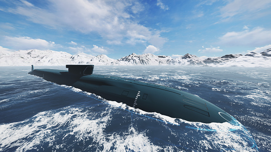 Surfaced russian nuclear submarine at northern waters. Close up. Realistic 3D illustration was done from my own 3D rendering file.
