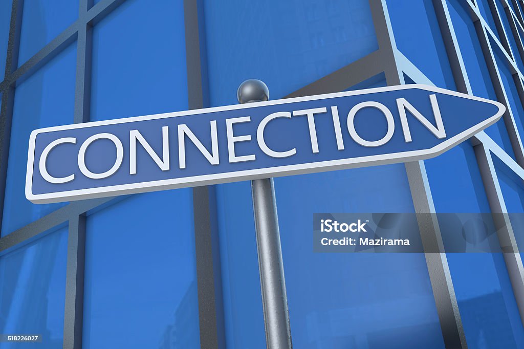 Connection Connection - illustration with street sign in front of office building. Business Stock Photo