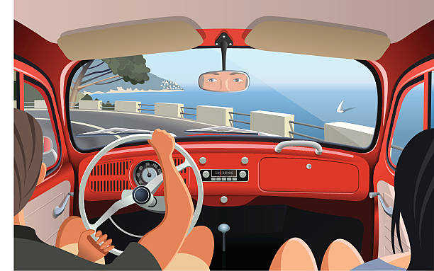 Young couple tavelling on coast road in retro car Young couple tavelling on coast road in retro car vehicle interior audio stock illustrations