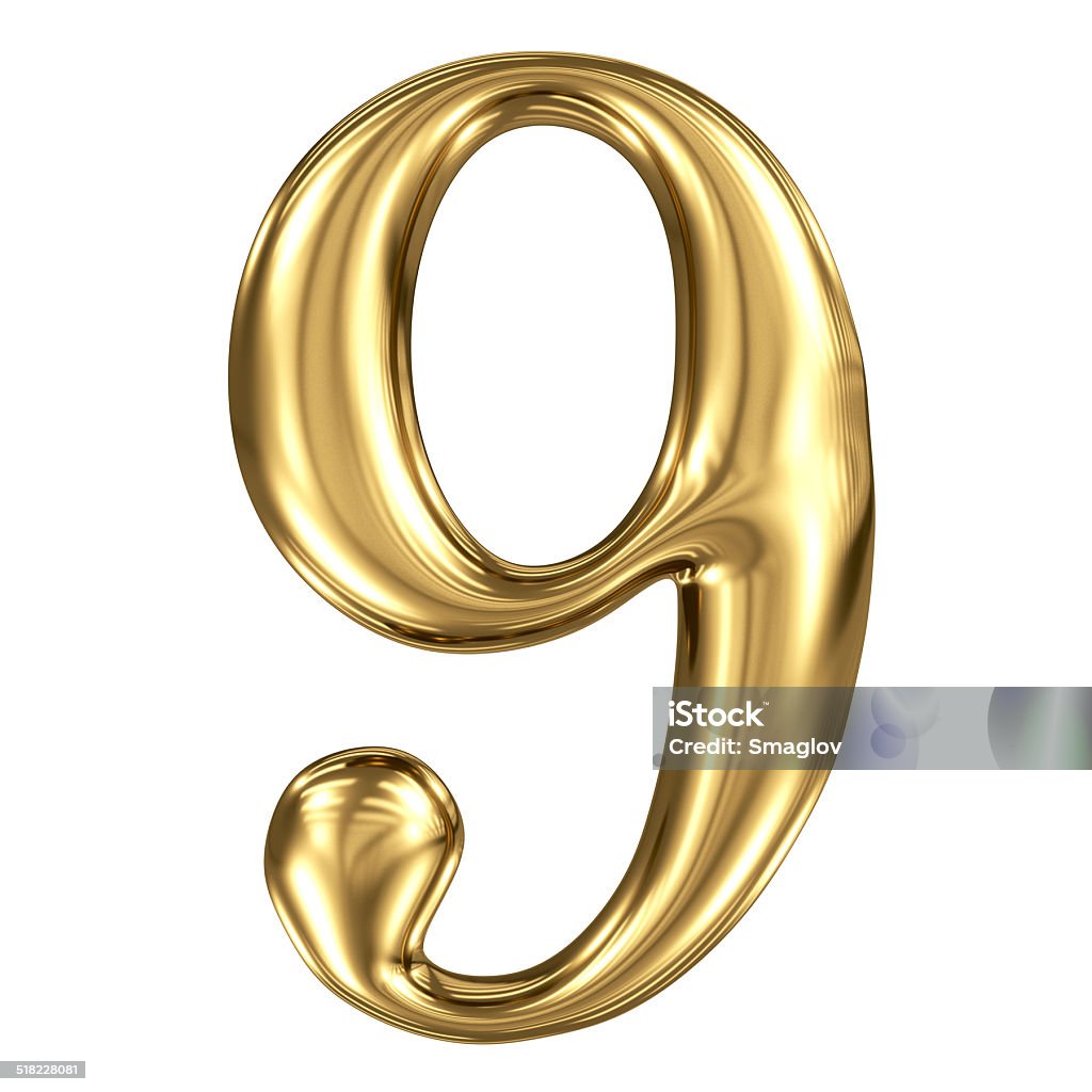 Golden shining metallic 3D symbol figure 9 isolated on white Alphabet Stock Photo