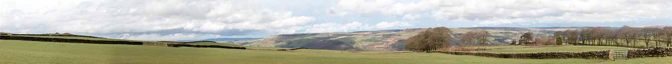 Beautiful Yorkshire countryside on the hills near Keighley, West Yorkshire, United Kingdom. Panorama.