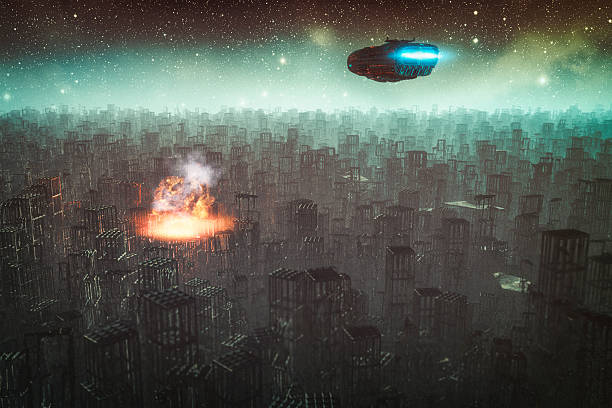 istock Spaceship flying over destroyed city 518231316