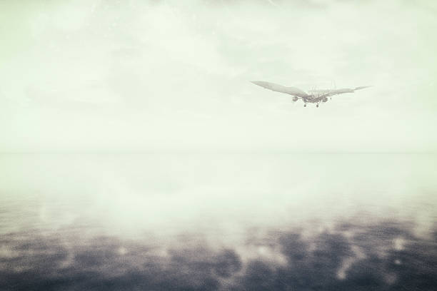 Steampunk flying maching over the flat icy seascape.