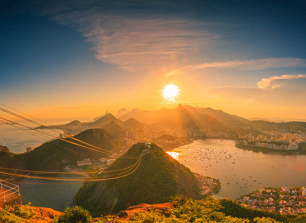 The view from the Sugarloaf Mountain The sunset view from the Sugarloaf Mountain is amazing and the most visited spot in Rio de Janeiro during the late afternoon. You can see almost the whole city from there, including the Christ, The Redeemer and the Copacabana Beach alongside the Praia Vermelha and Botafogo. sugarloaf mountain stock pictures, royalty-free photos & images
