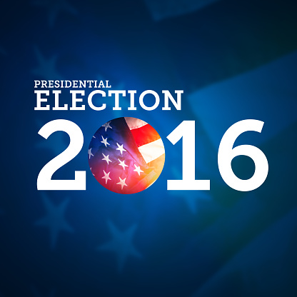 A stock photo design showing the words Presidential Election 2016 with the zero in 2016 replaced with the stars and stripes USA flag. The USA stars and stripes is also visible in the background which is tinted blue.