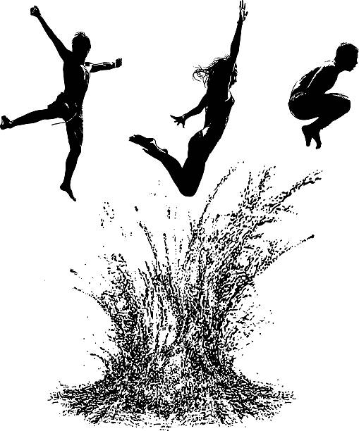 Swimming Pool Diving and Jumping Pieces Swimming pool diving and jumping pieces of kids having summer fun. Set of silhouettes. Each piece grouped separately so you can create your custom composition. Isolated on white. person diving into water stock illustrations