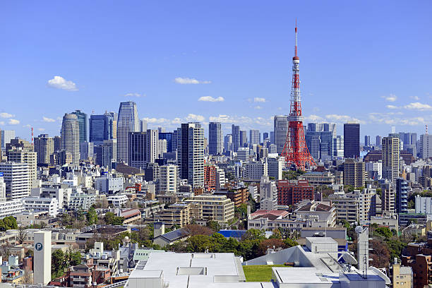 City skyline with Tokyo Tower, Japan City skyline with Tokyo Tower, Japan nikkei index stock pictures, royalty-free photos & images