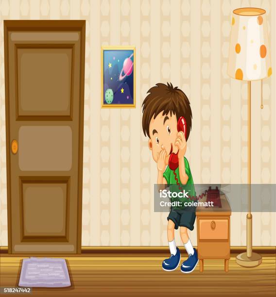 Boy Making Phone Call At Home Stock Illustration - Download Image Now
