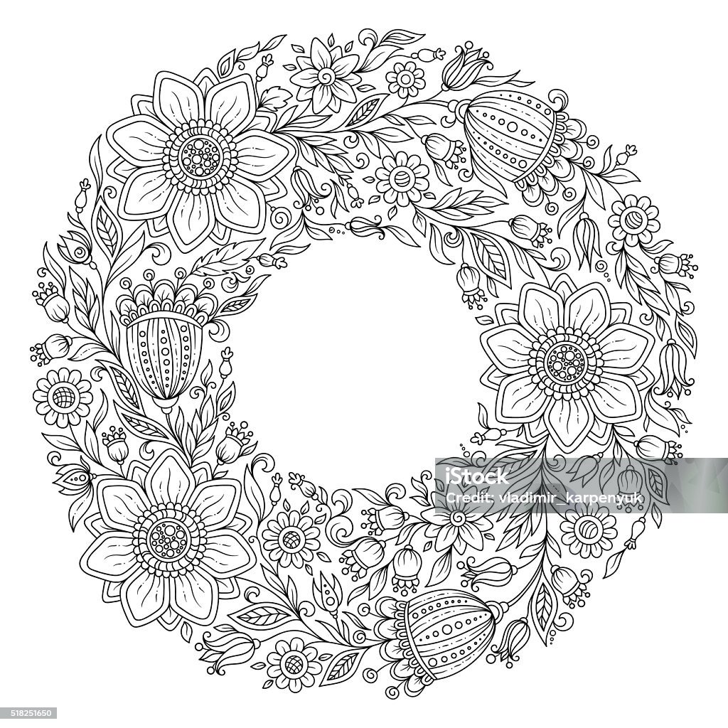 Flowers wreath. Coloring book page for adult Flowers wreath. Coloring book page for adult. Vector. Hand drawn vintage artwork. Love bohemia concept for wedding invitation, card, ticket, branding, boutique logo, label Coloring stock vector