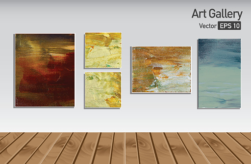 Vector illustration of Art gallery or museum walls with wooden floors and abstract painted canvas featured on wall.
