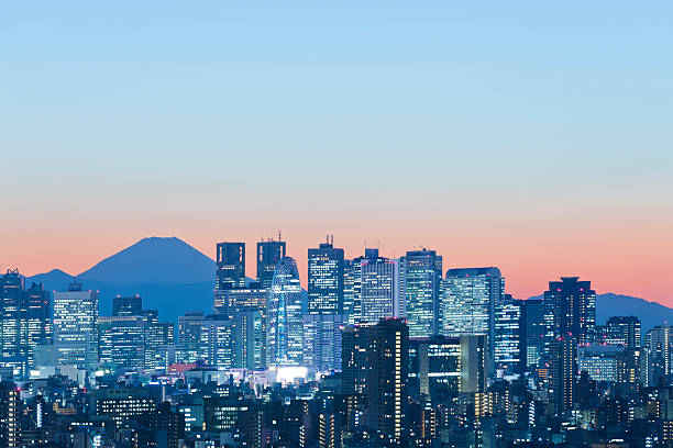 skyline di tokyo al crepuscolo - tokyo prefecture city skyline night foto e immagini stock