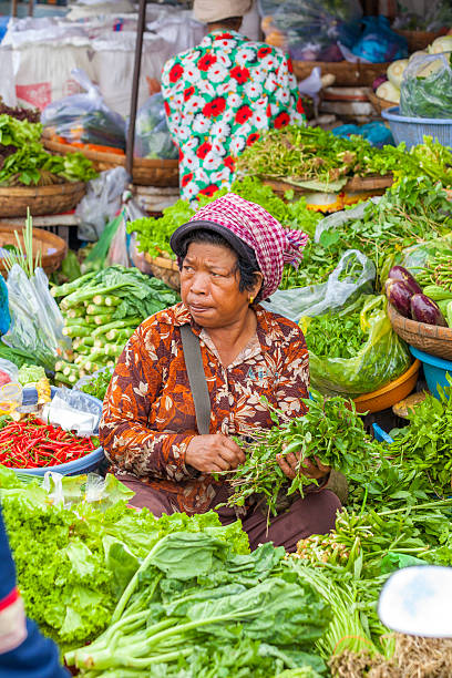 Phnom Penh, Cambodia - December 15, 2010: Woman surrounded by various kinds of vegetables for sale in a street market in Phnom Penh, Cambodia.
