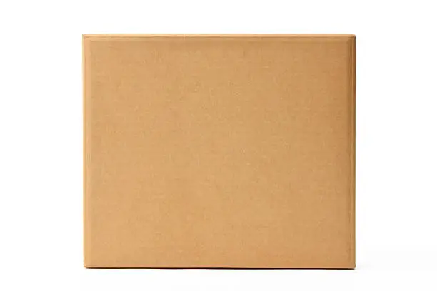 Photo of Isolated shot of blank old cardboard box on white background