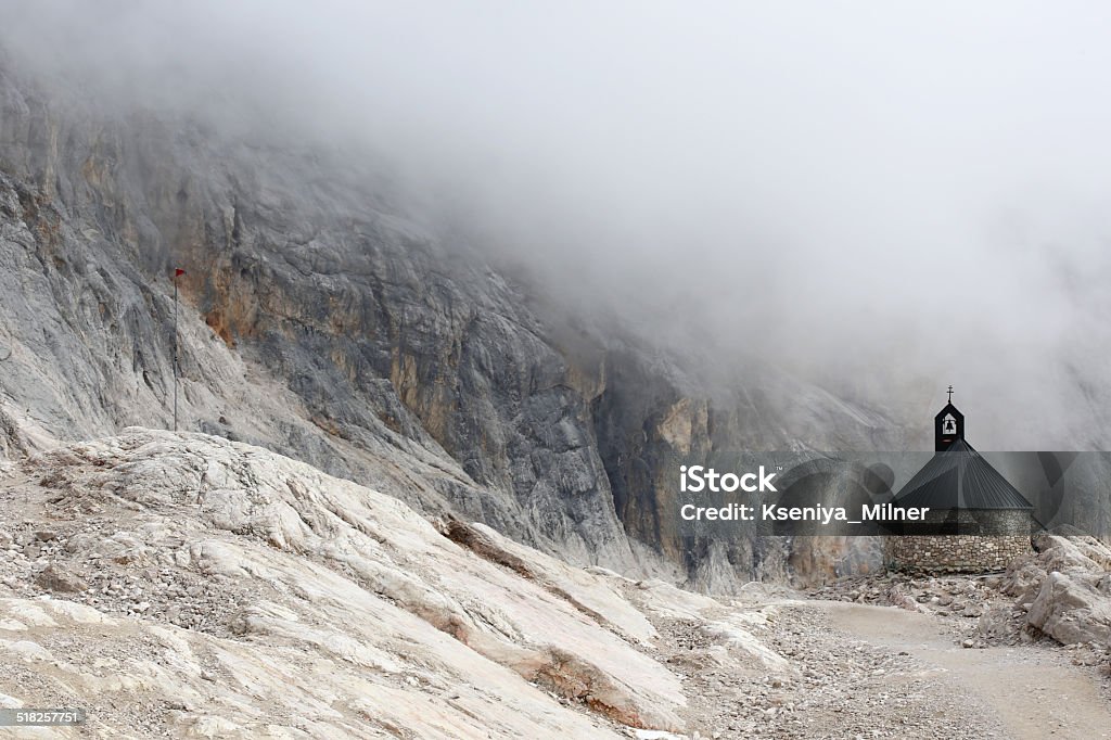Bavarian church in fog high in the mountains This picture was taken on highest mountain in Germany - Zugspitze Bavaria Stock Photo
