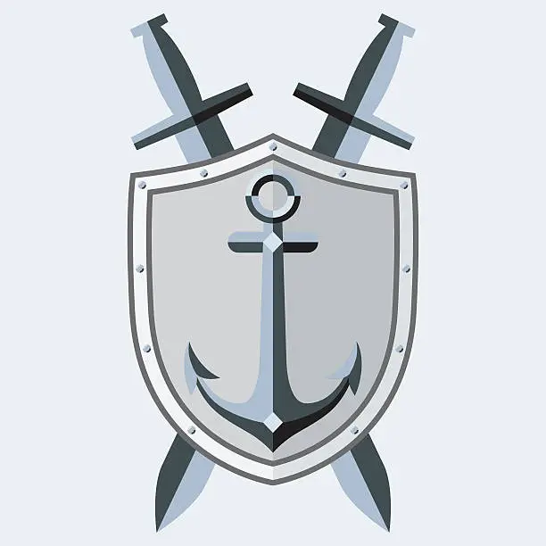 Vector illustration of Anchor, shield, crossed swords. Logo, symbol, tattoo.