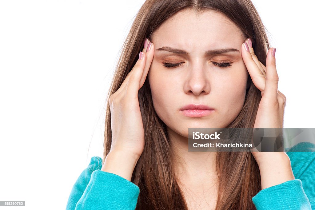 woman with headache, migraine, stress, insomnia, hangover Accidents and Disasters Stock Photo