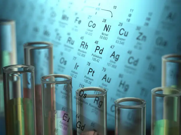 Test tubes with chemical elements inside and periodic table on background.