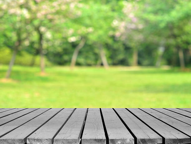 istock Green spring defocused abstract background and empty wooden platform 518274070