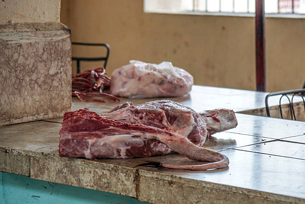 istock market stall selling meat. Butcher 518274604