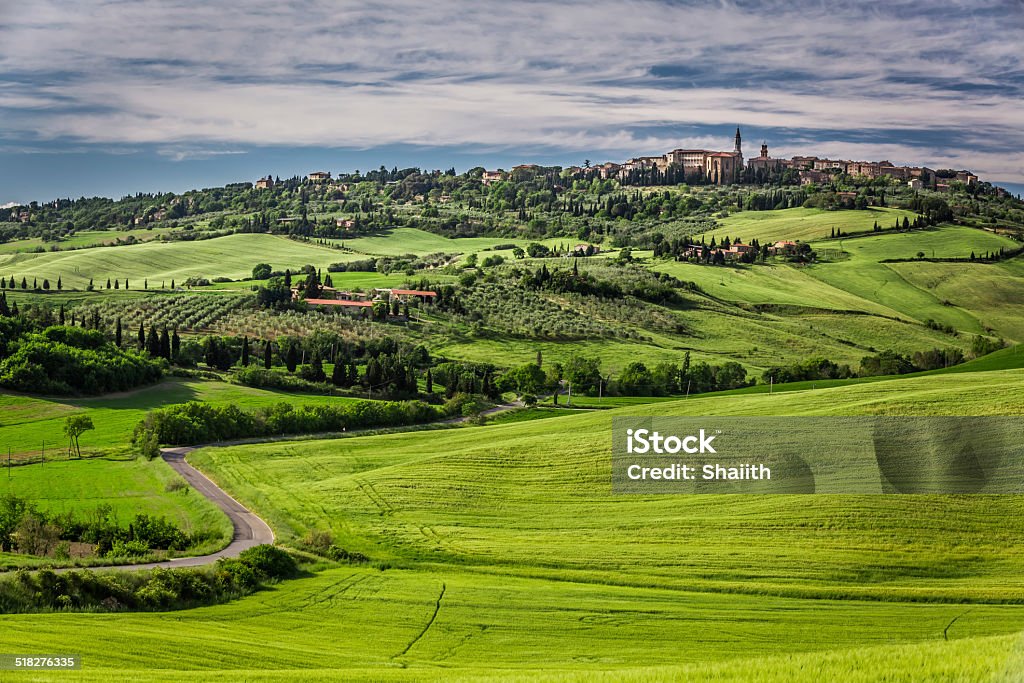 View of the town of Pienza at sunset Town of Pienza at sunset, ItalyView of the town of Pienza at sunset Agricultural Field Stock Photo