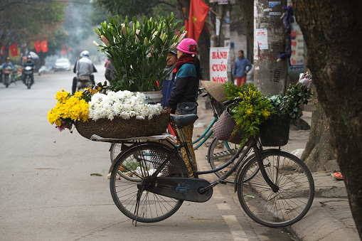 Hanoi, Vietnam - February 21, 2016: A small market for vendor in early morning in Hanoi, Vietnam on February 21, 2016. Vietnam florist vendor selling flowers on bicycle in small market or on street in Hanoi.