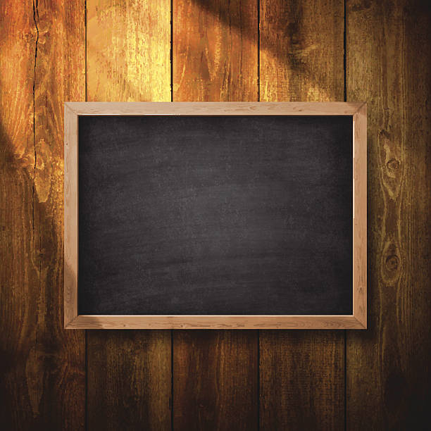 Blank chalkboard on Wooden Wall Realistic Blank chalkboard with wooden frame on wooden wall. wood frame stock illustrations