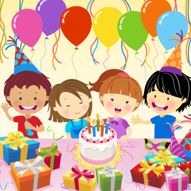 wielu etnicznych dzieci świętować urodziny party - vector birthday teenage girls little girls stock illustrations