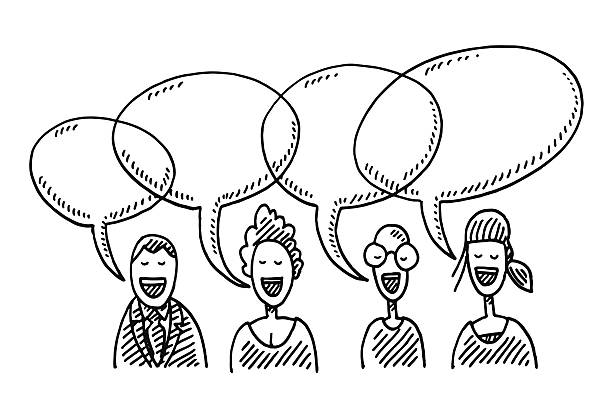Team People Speech Bubbles Drawing Hand-drawn vector drawing of four People and Speech Bubbles, Business Team Communication Concept. Black-and-White sketch on a transparent background (.eps-file). Included files are EPS (v10) and Hi-Res JPG. four people office stock illustrations