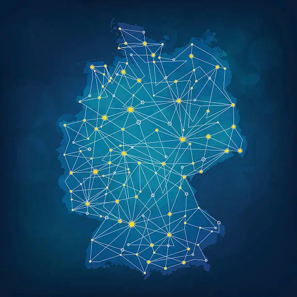 Vector illustration of Blue Germany map in with connections on dark blueish background