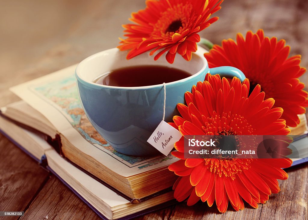 Cup of tea with gerbera flowers and books A cup of tea with gerbera flowers and books.Breakfast. Autumn Stock Photo