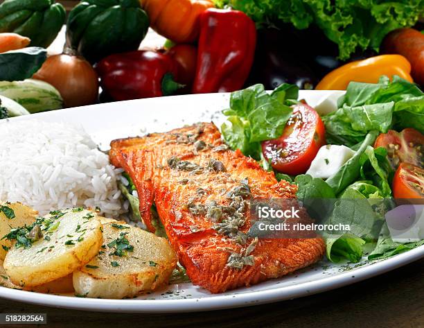 Grilled Salmon Stock Photo - Download Image Now - Baked, Close-up, Cooked