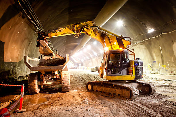 Concrete Road Tunnel Construction Excavator stock photo