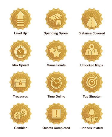 A set of glossy golden achievement winnwer badges to appreciate top players. For shooter, runner, arcade, social and other games.